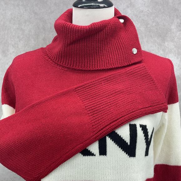 DKNY Womens SM Red White Logo Knit Turtle Neck Sweater Preppy Holiday - Picture 4 of 10